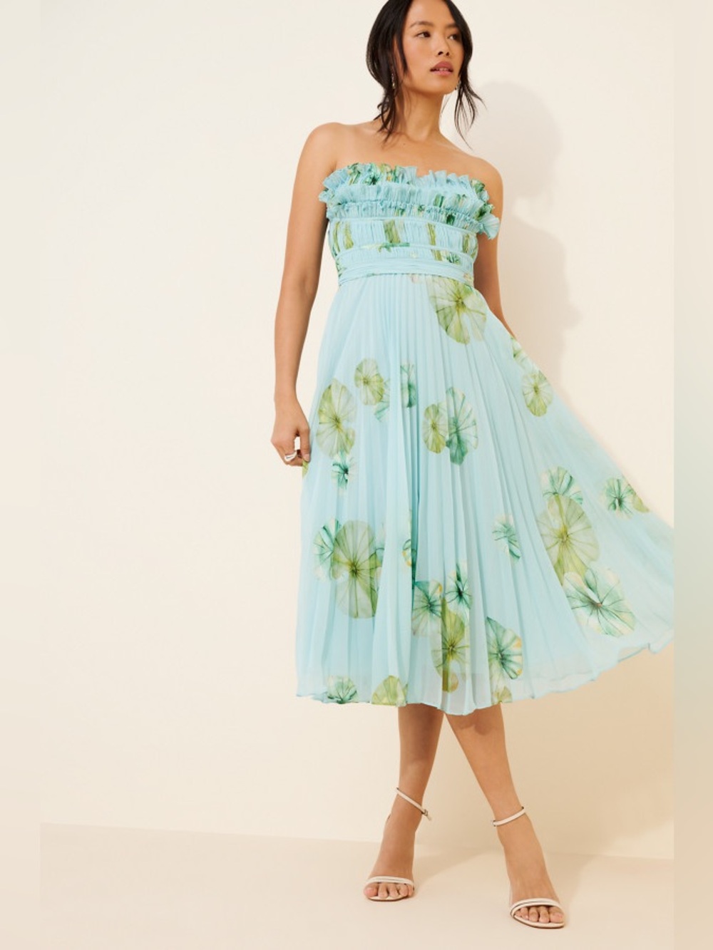 Amur Dress Cathy Plisse Midi Strapless in Green Blue Floral Lily Pad Size 12